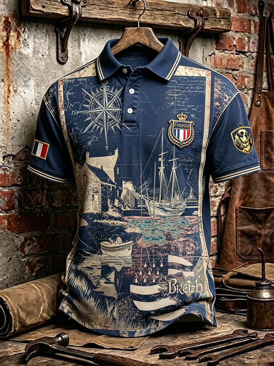 Polo décontracté bleu à imprimé Bretagne française vintage pour hommes