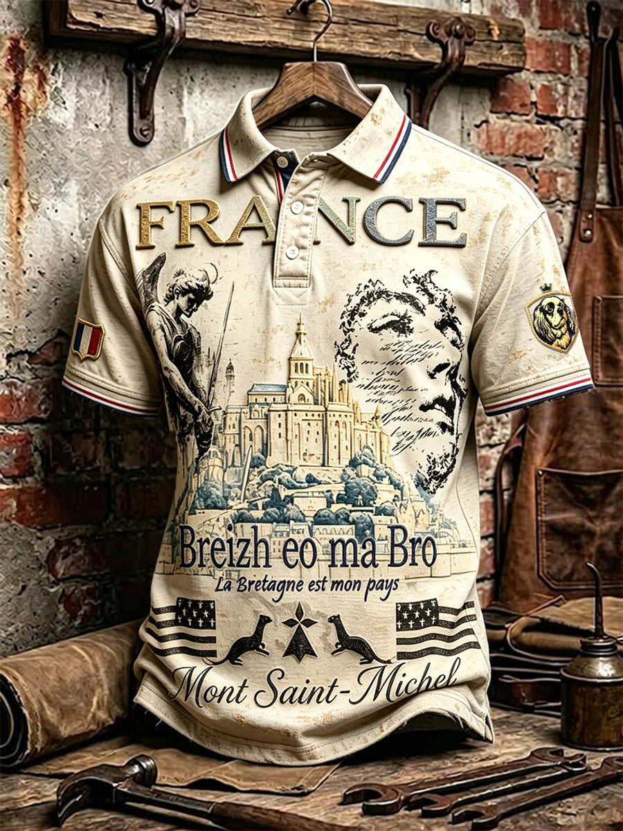 Polo Homme Rétro Blanc Cassé Français Brittany Michael l'Archange Imprimé Décontracté