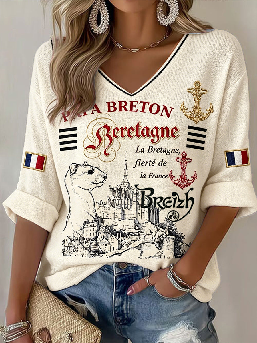 T-shirt décontracté à col en V pour femmes Bretagne française Mont Saint-Michel