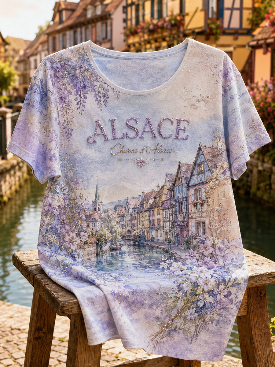 T-shirt graphique pour femmes aux motifs de paysages d'Alsace, en français