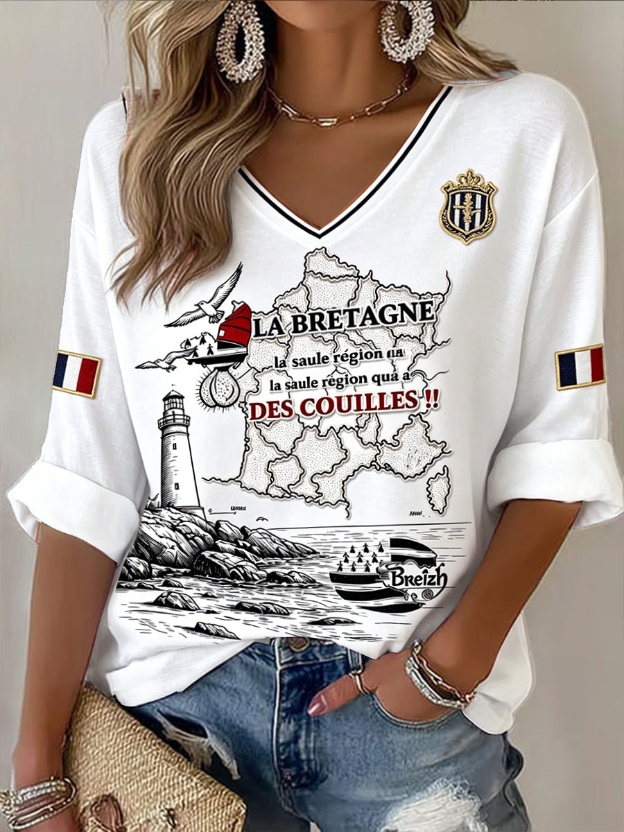 T-shirt Femme Blanc Style Breton Imprimé Décontracté Col V