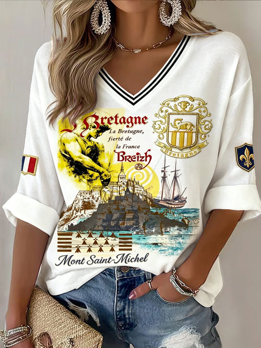 Femmes Vintage Off-White Français Bretagne Mont Saint-Michel Imprimer Casual V-Neck T-Shirt