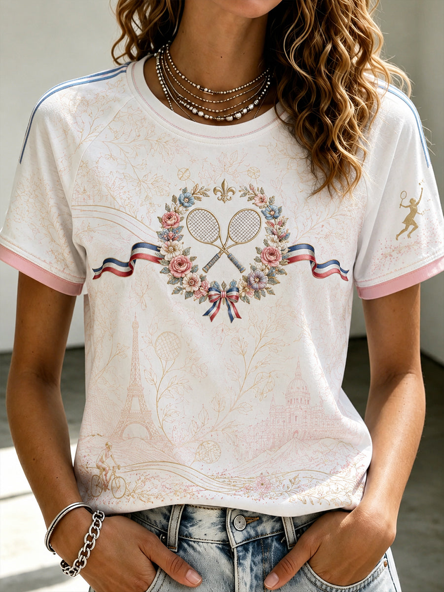 French Open Round Neck T-shirt à manches courtes pour femmes