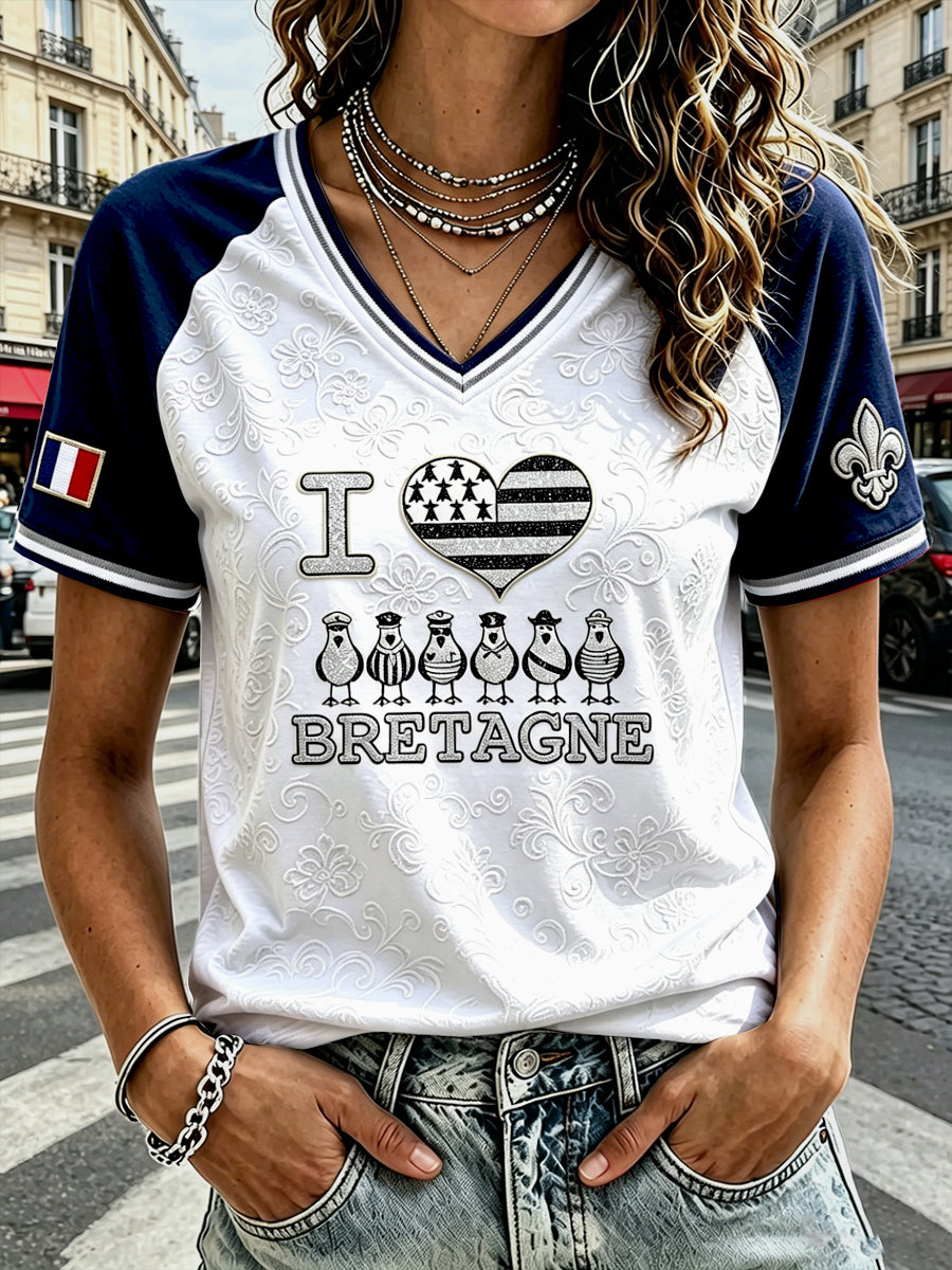 T-shirt décontracté à col en V imprimé patchwork français style breton pour femmes