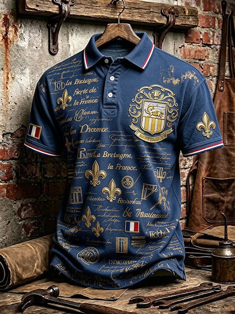 Polo Décontracté Homme Bleu Marine Vintage à Imprimé Breton Français