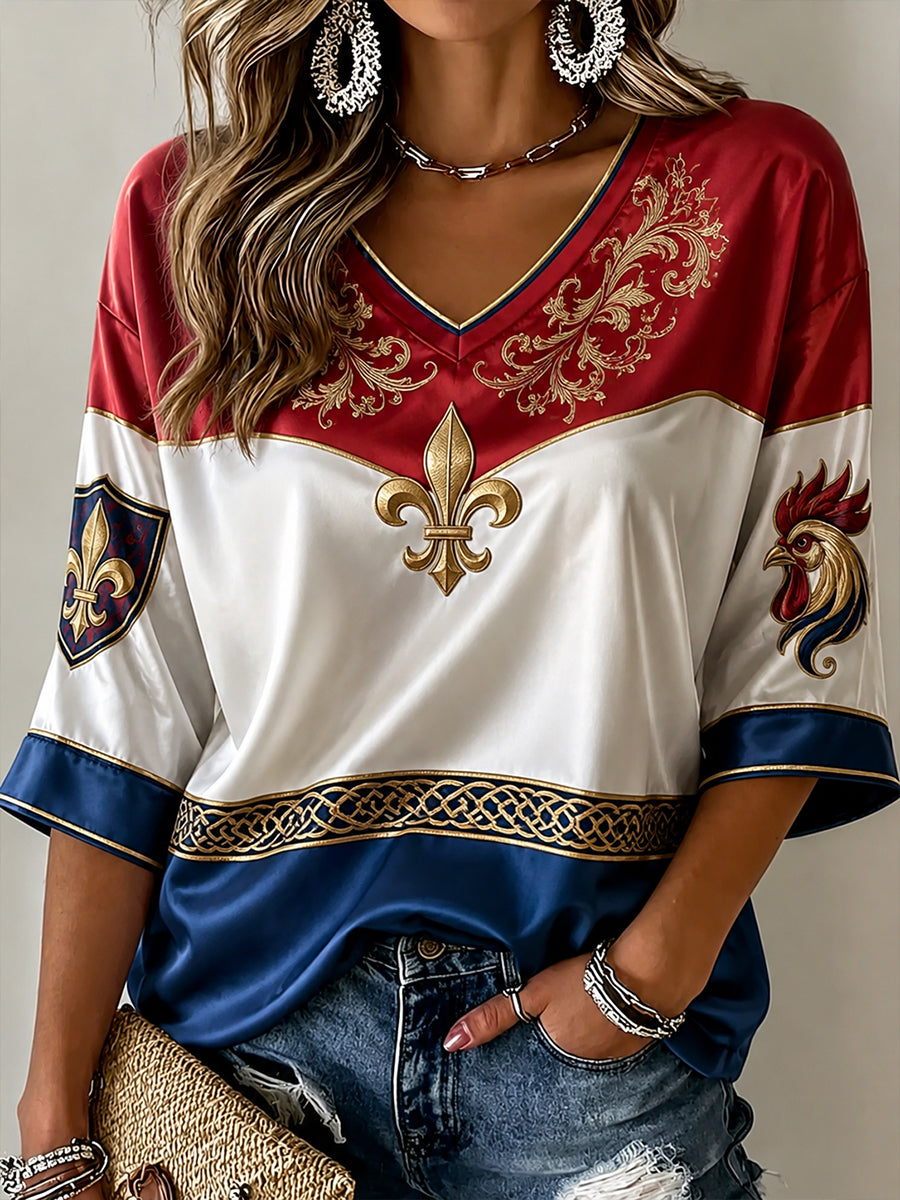 Chemise à col en V en lin à motif France Football pour femme