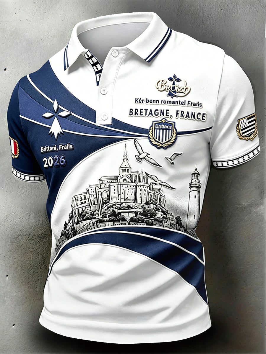Polo homme décontracté à imprimé de la Bretagne française et du Mont-Saint-Michel, style professionnel