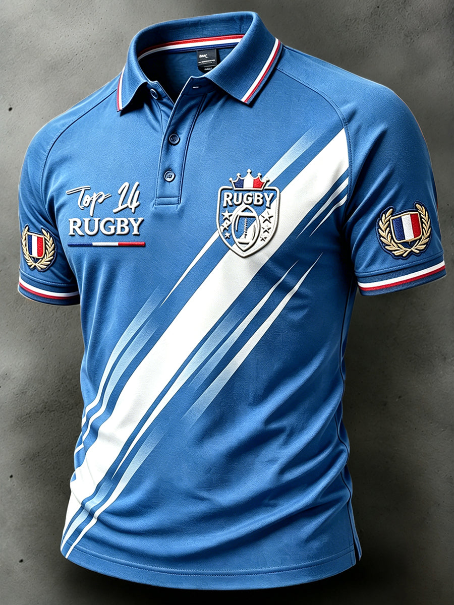 Hommes Bleu Français Top 14 Rugby League Imprimer Décontracté Goutte-épaule Polo