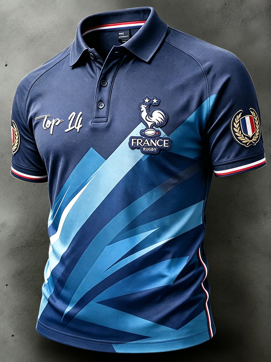 Hommes Bleu Foncé Français Haut 14 Rugby Ligue Imprimer Casual Goutte Épaule Polo