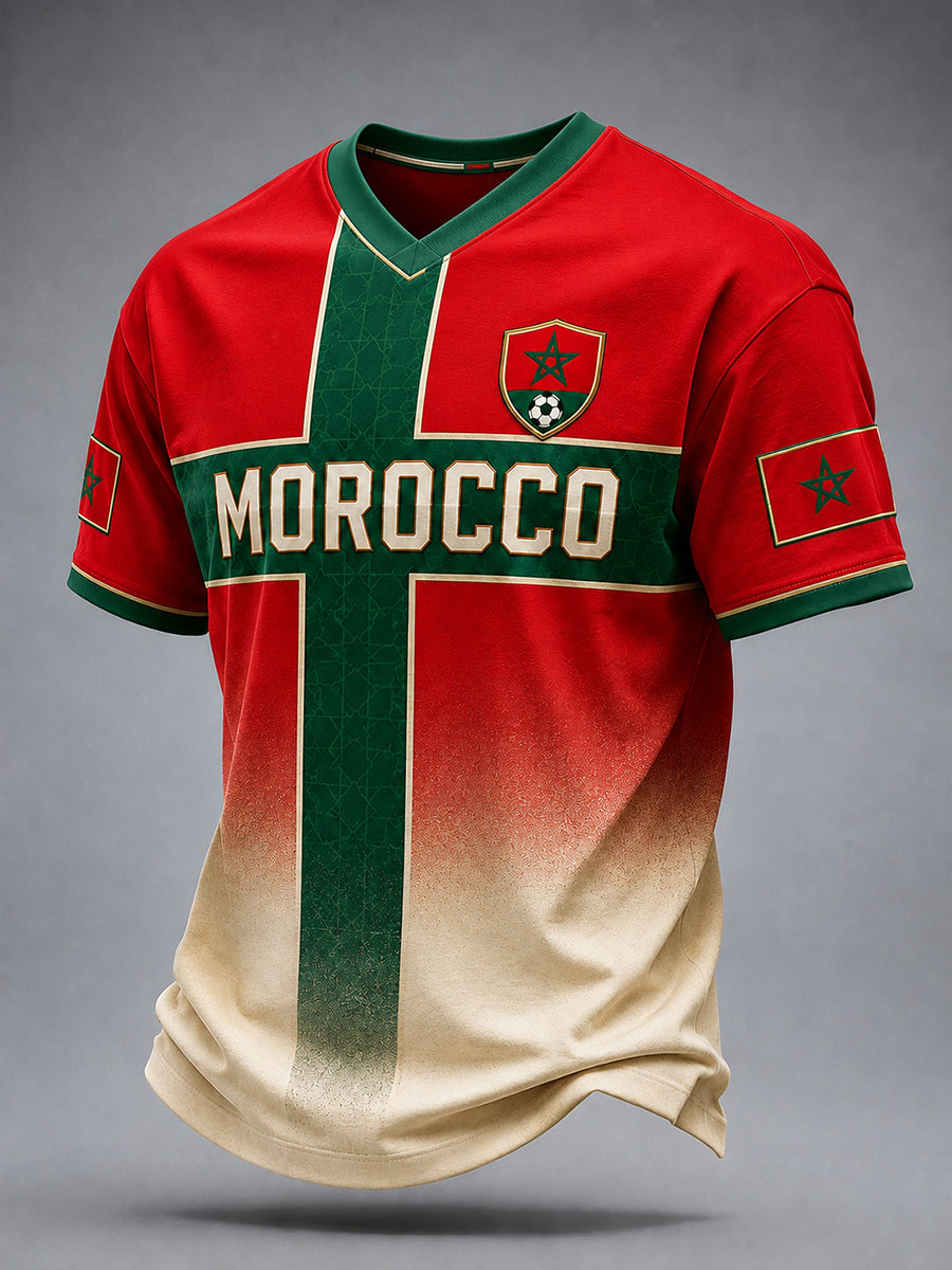 T-shirt décontracté avec impression d’art fan de football marocain rétro