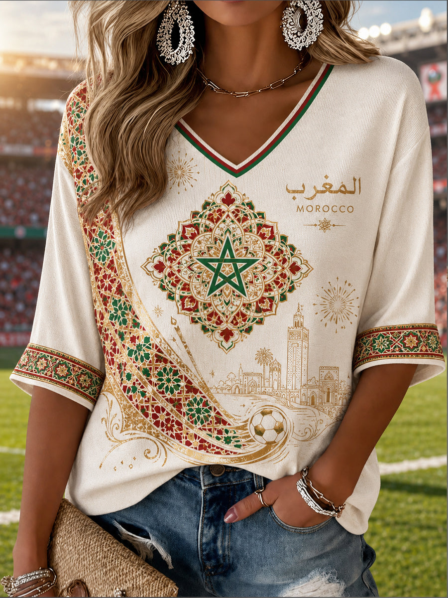 Fan de football marocain des femmes T-shirt à col en V imprimé décontracté