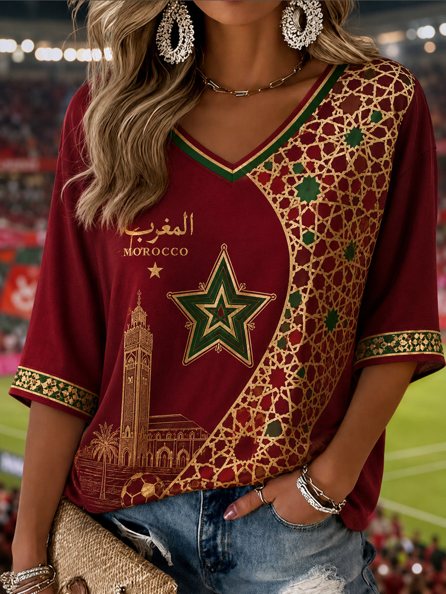 T-shirt décontracté à col en V imprimé pour fan de football marocain, modèle femme