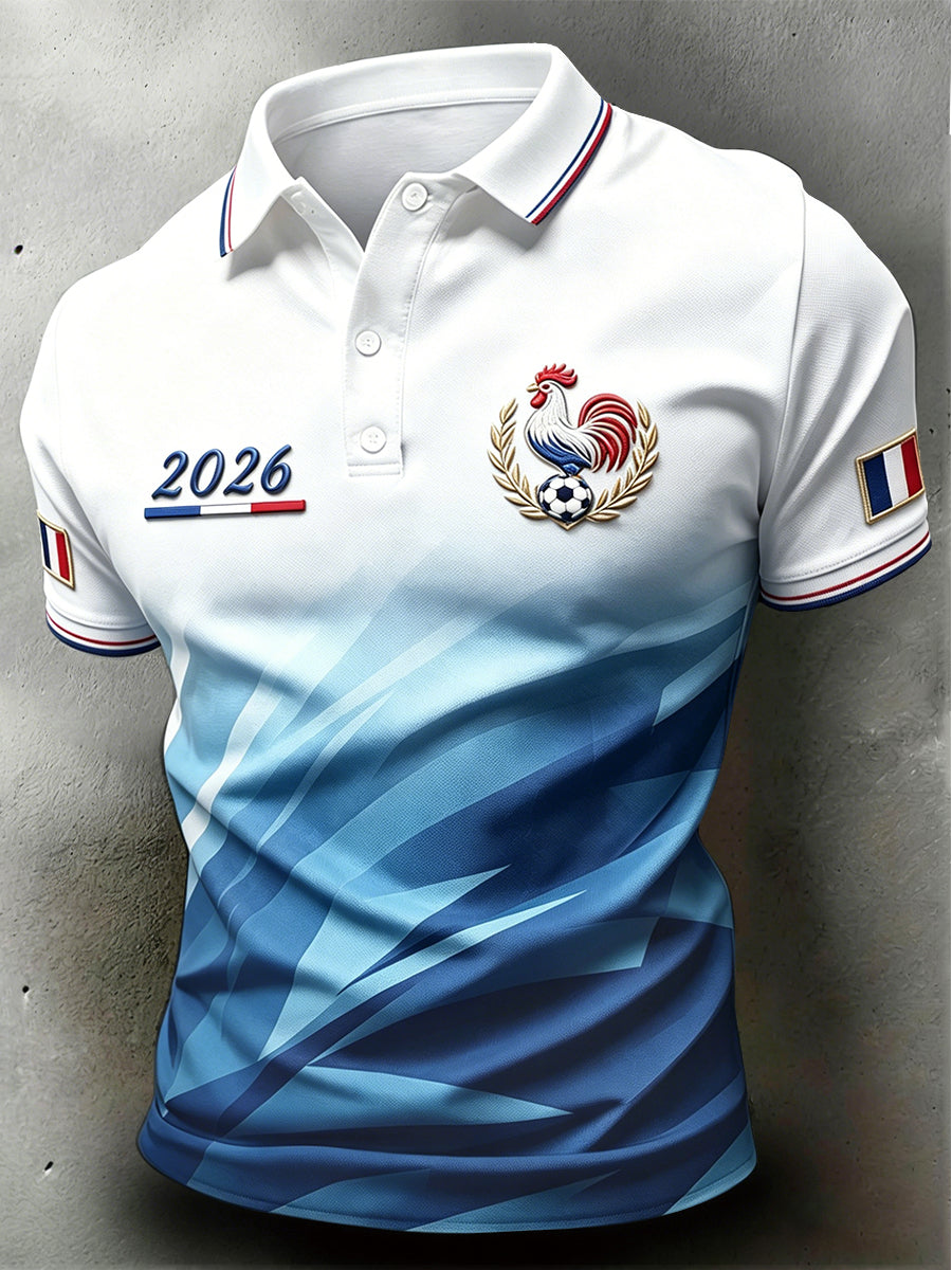 Polo décontracté à imprimé dégradé de football coq français 2026 pour hommes