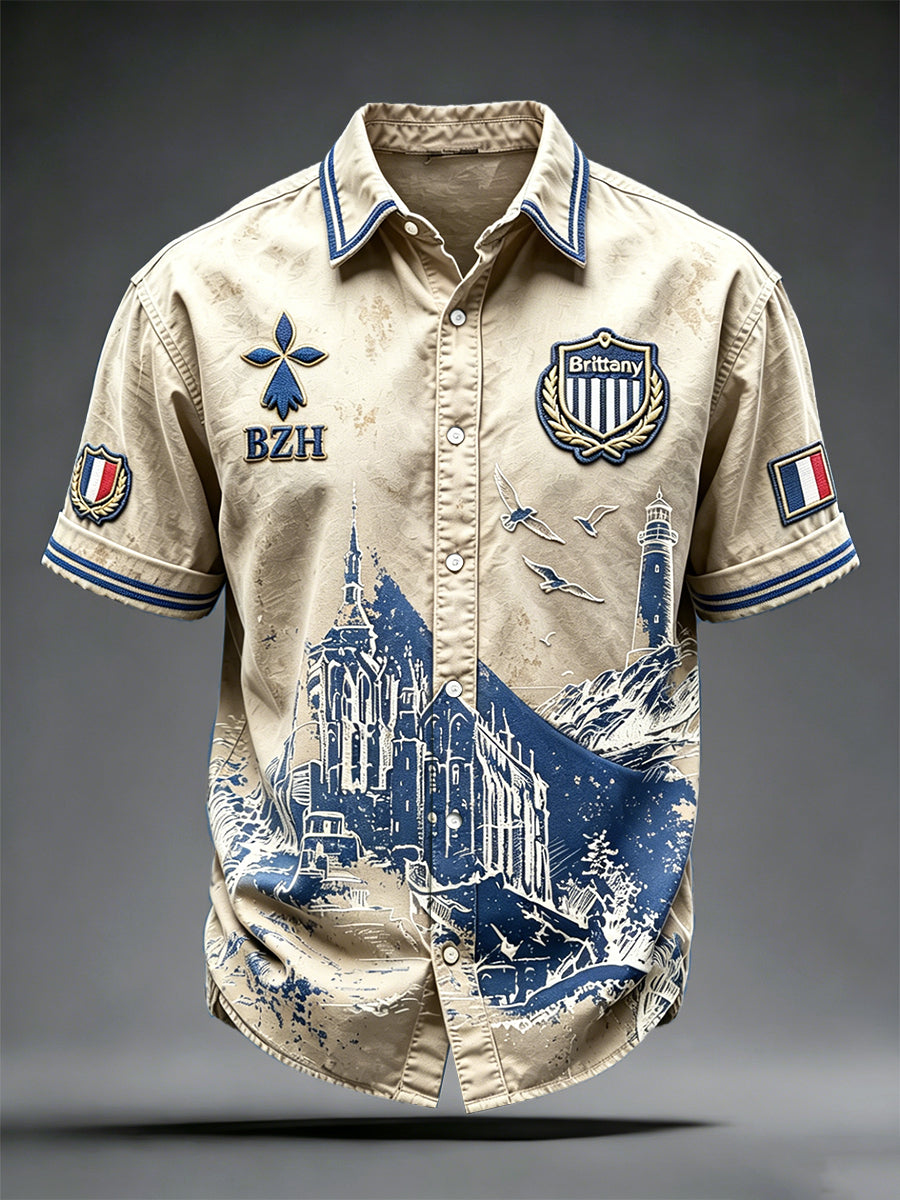 Chemise décontractée à manches courtes pour homme, style vintage français, imprimé marin breton