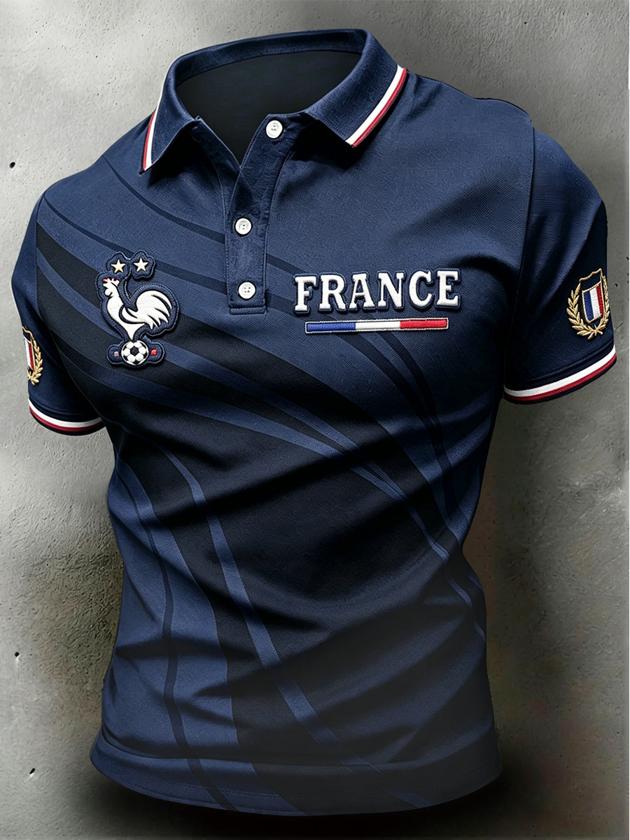 Polo décontracté rayé de football coq français bleu foncé pour hommes