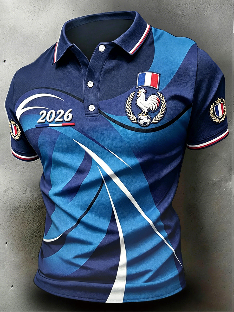 Polo Décontracté Homme Bleu Profond Coq Français Imprimé Football