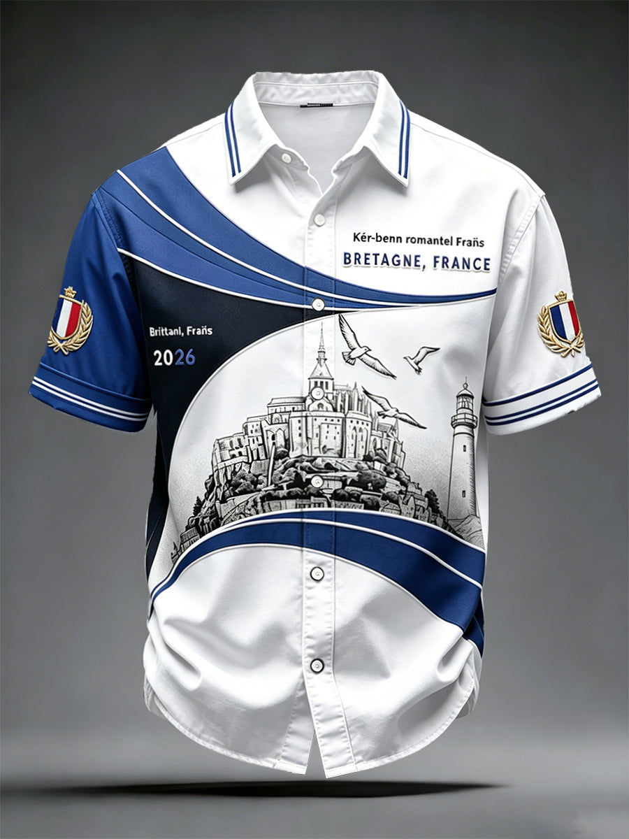 Chemise blanche à manches courtes pour homme, imprimé du Mont-Saint-Michel, style décontracté et professionnel