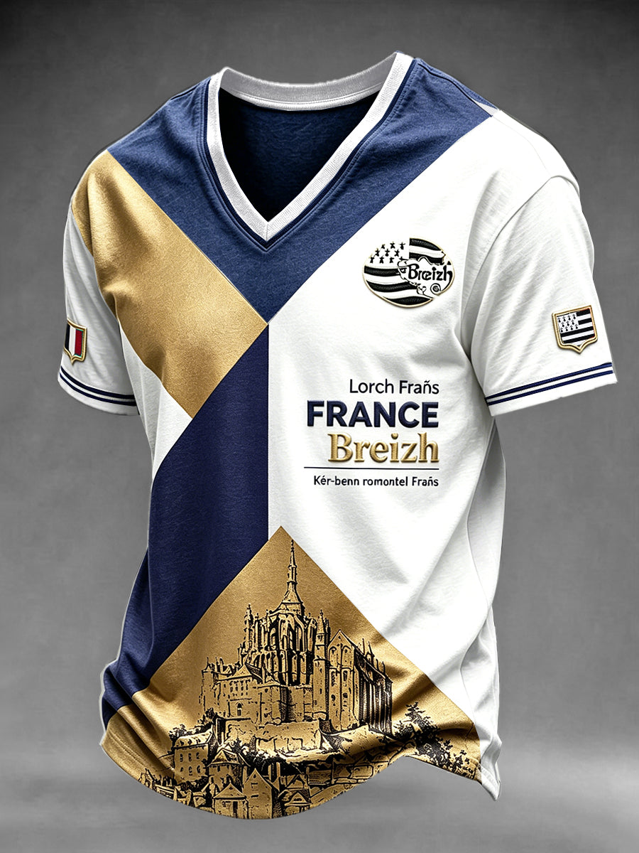 T-shirt homme à col en V, décontracté, de style professionnel, imprimé patchwork breton français