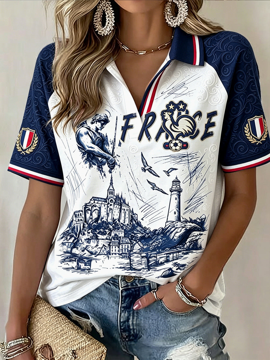 Femmes Football Français Mont Saint-Michel Imprimer Casual V-cou Polo T-shirt