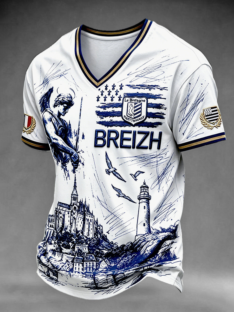 T-shirt décontracté pour homme, blanc, imprimé montagne Saint-Michel de Bretagne, col en V