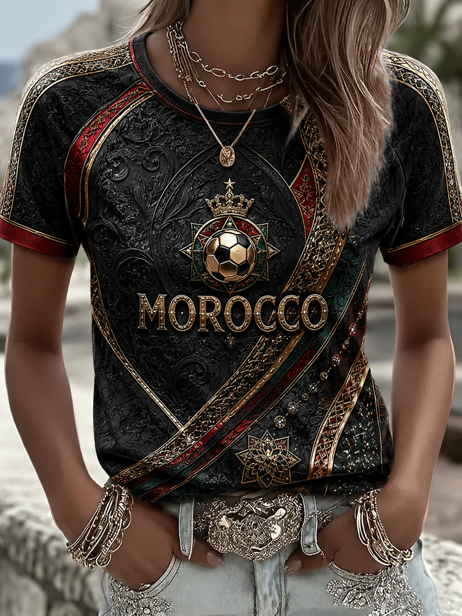 T-shirt femme imprimé football marocain, col rond, manches courtes