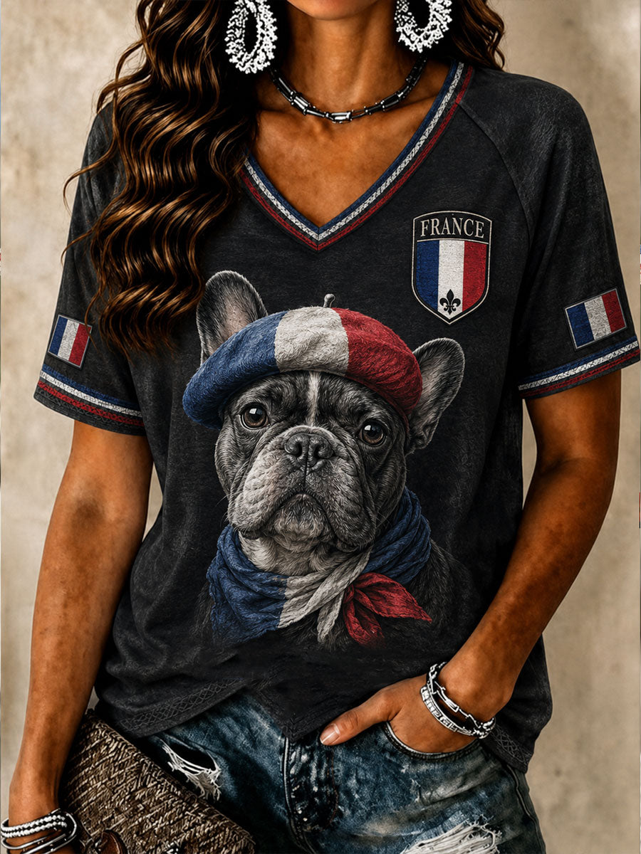 T-shirt à col V French Bulldog Femme