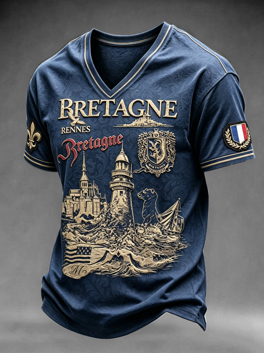 T-shirt à col en V décontracté imprimé bleu foncé vintage de style français pour homme