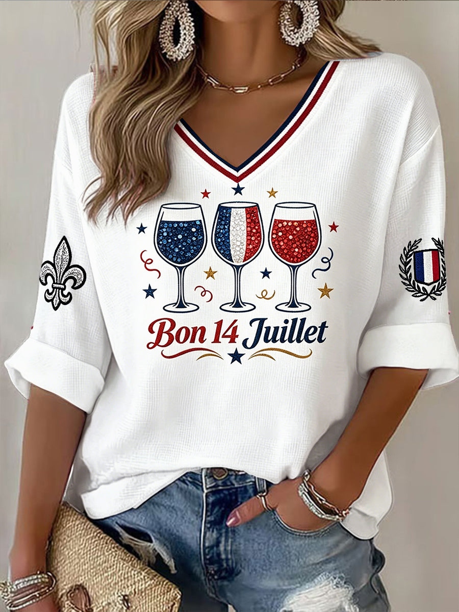 Tee-shirt Femme Décontracté 'Bastille Day' Blanc Imprimé Verre Du 14 Juillet
