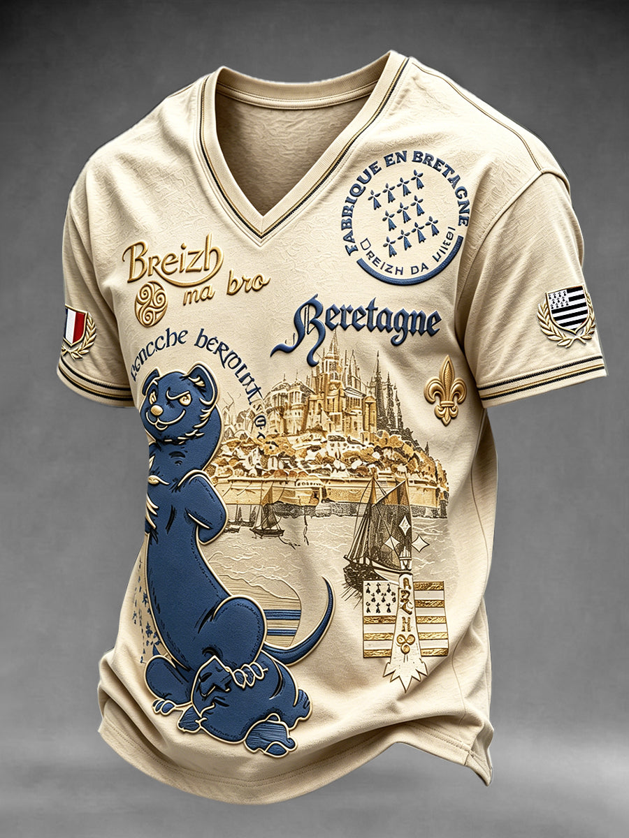Vintage Français Bretagne Mont Saint-Michel Imprimer T-shirt décontracté à col en V pour hommes