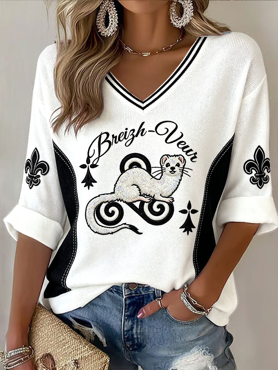 T-shirt à col en V décontracté à imprimé belette blanche française pour femmes