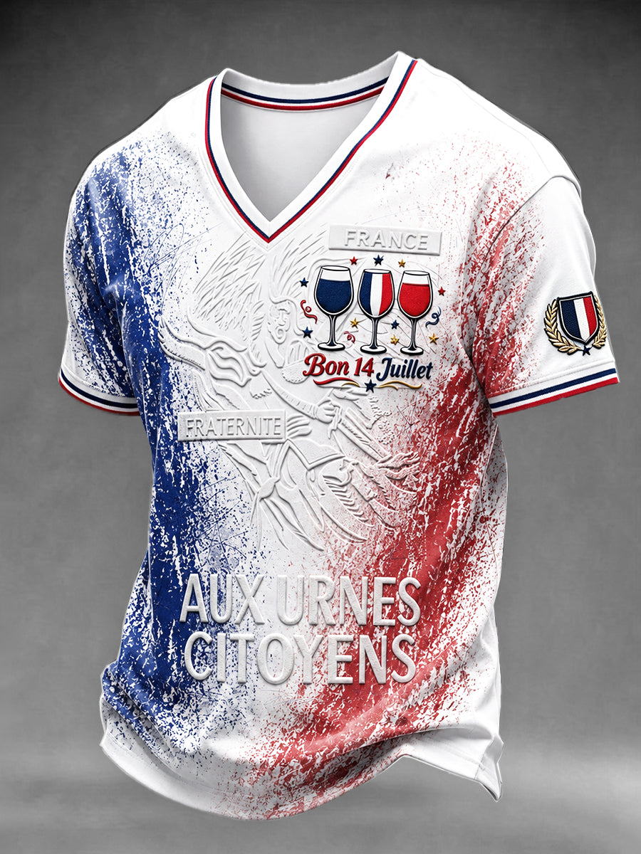 T-shirt à col en V décontracté imprimé graffiti de la fête nationale française pour hommes 14 juillet