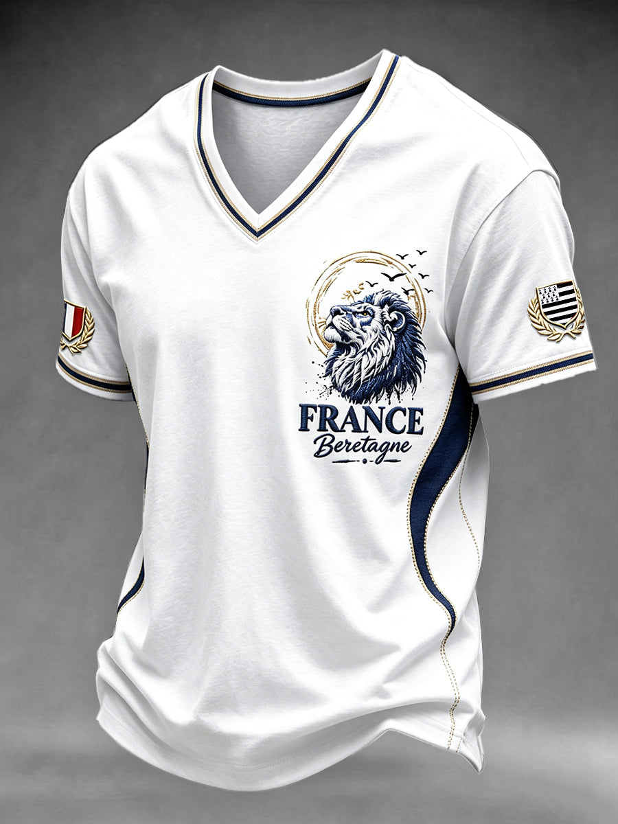 T-shirt Homme Blanc Style Breton Lion Imprimé Décontracté Col V