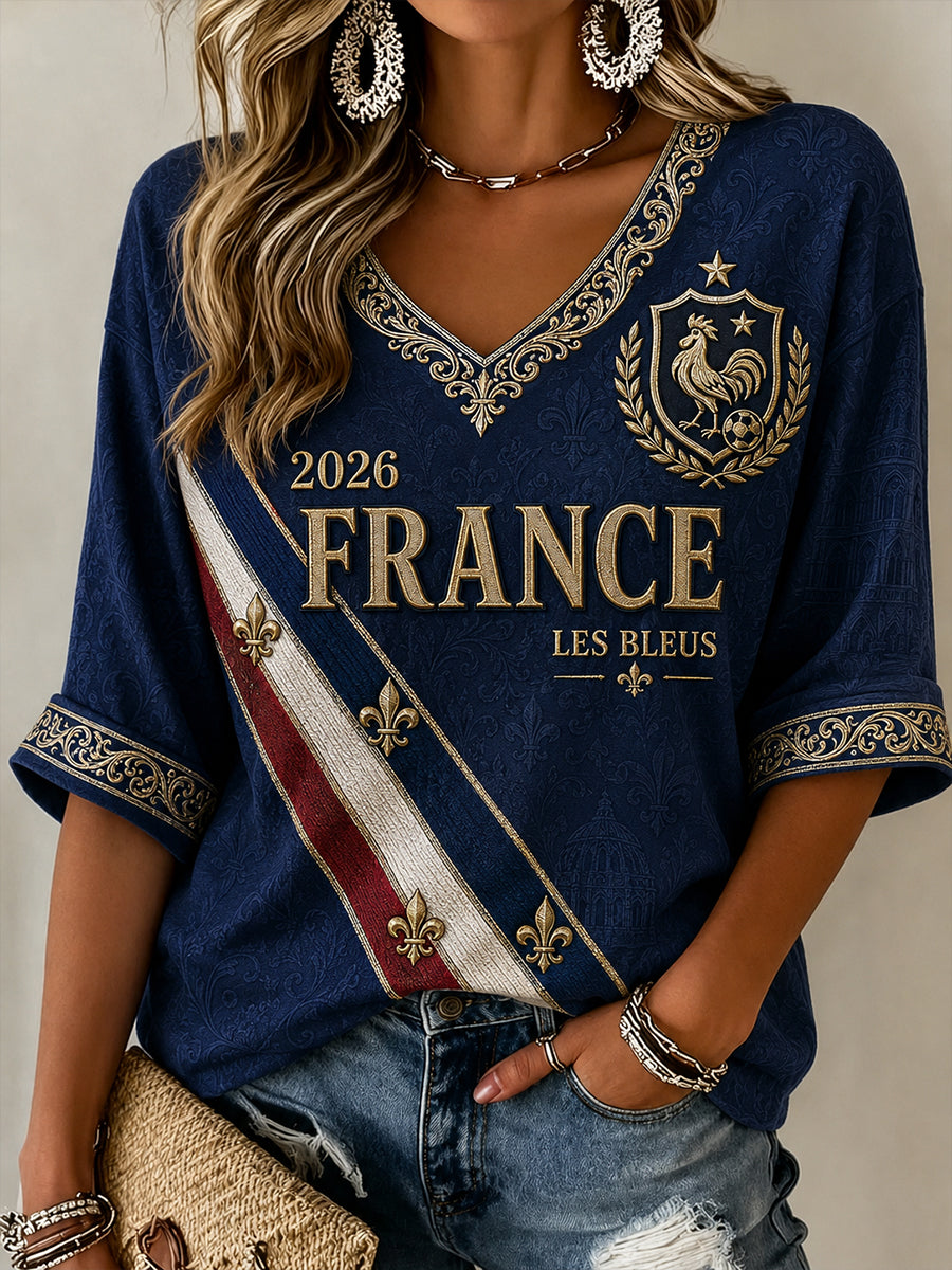 Chemise à col en V France Footabll Pattern pour femme