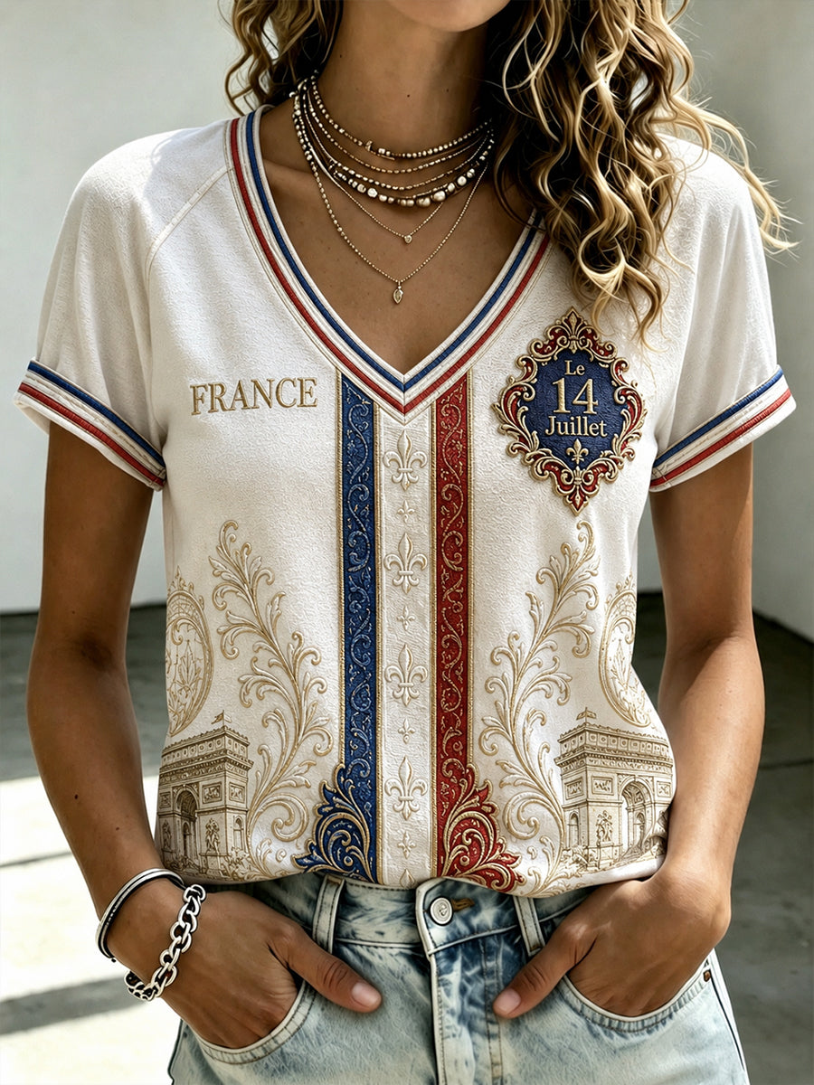 T-shirt manches courtes col V à épaules dénudées French Bastille Day Femme