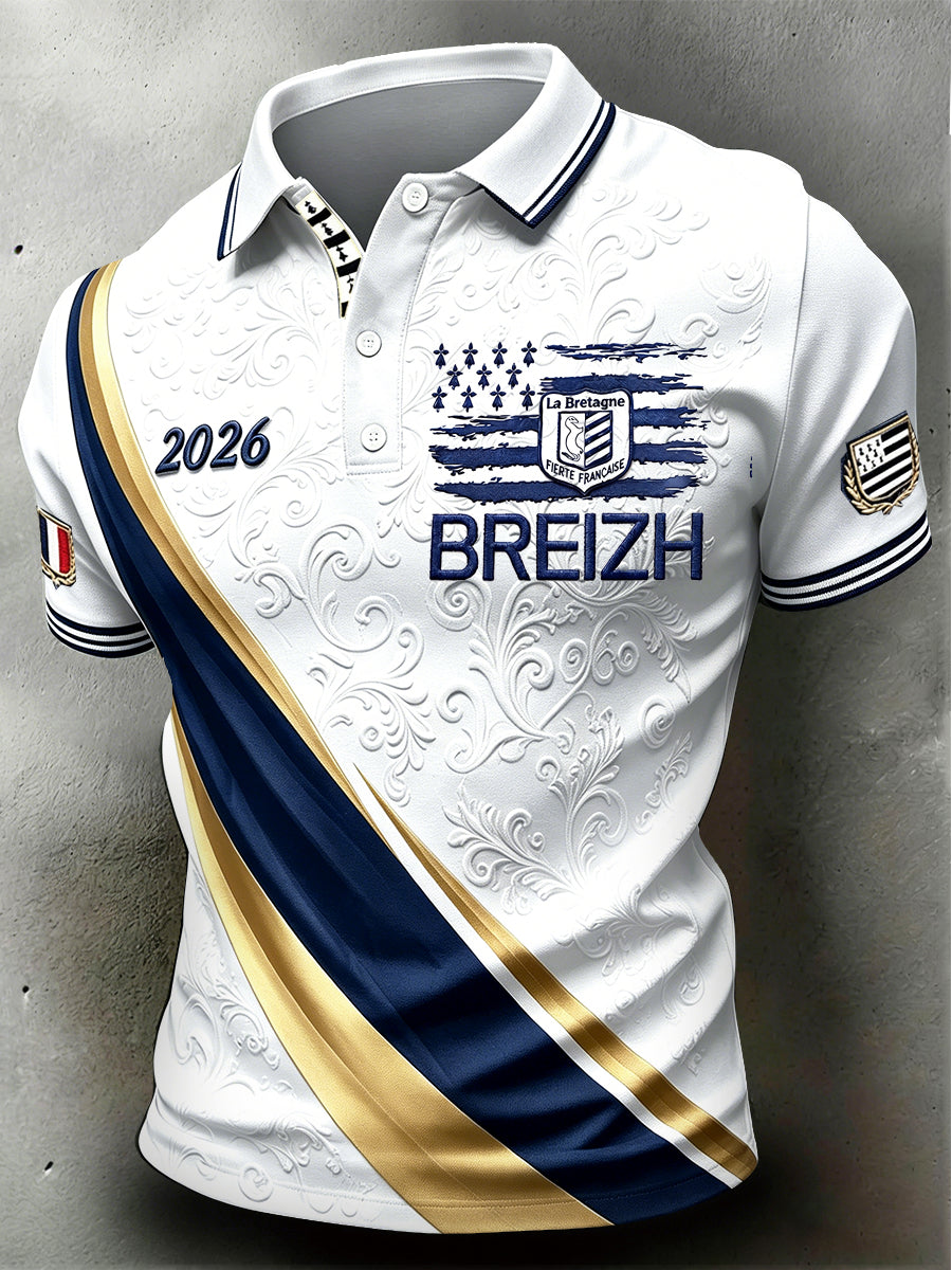 Polo Homme Blanc Français Brittany 2026 Imprimé Minimaliste