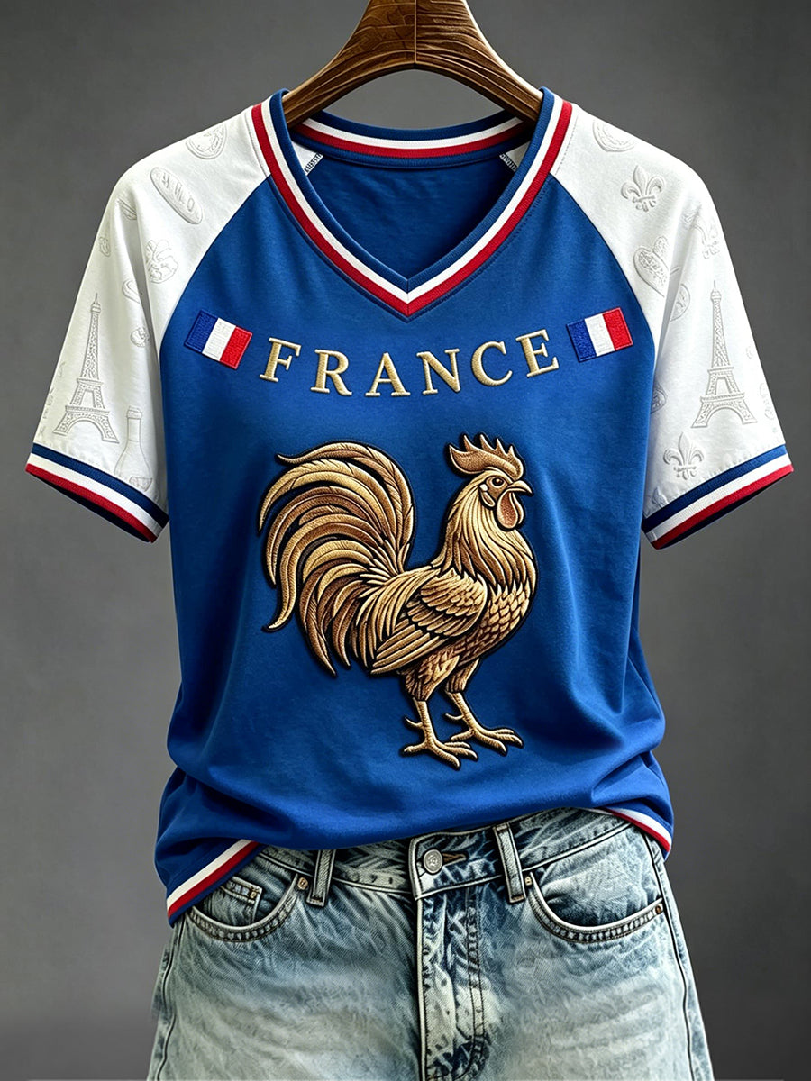T-shirt à manches courtes col V inspiré du football français pour femmes