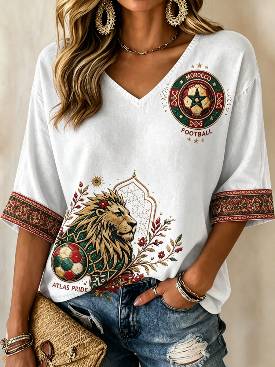 T-shirt à col en V à manches mi-longues imprimé Maroc pour femme