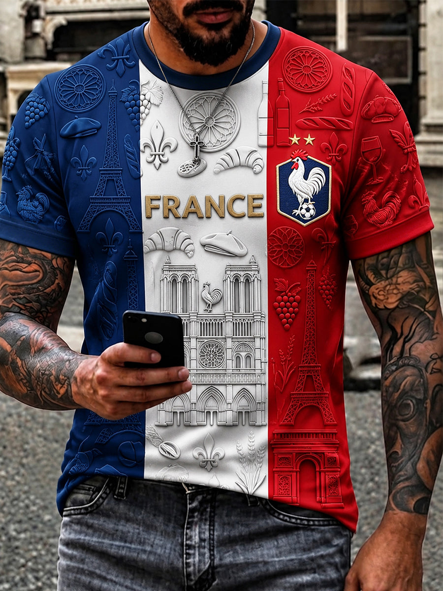 T-shirt à manches courtes imprimé motif de football français pour hommes