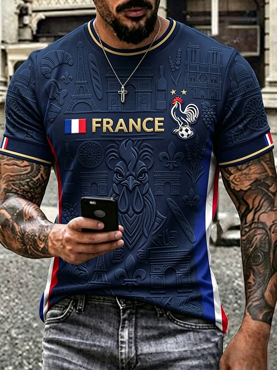 T-shirt à manches courtes à imprimé coq inspiré du football français pour hommes