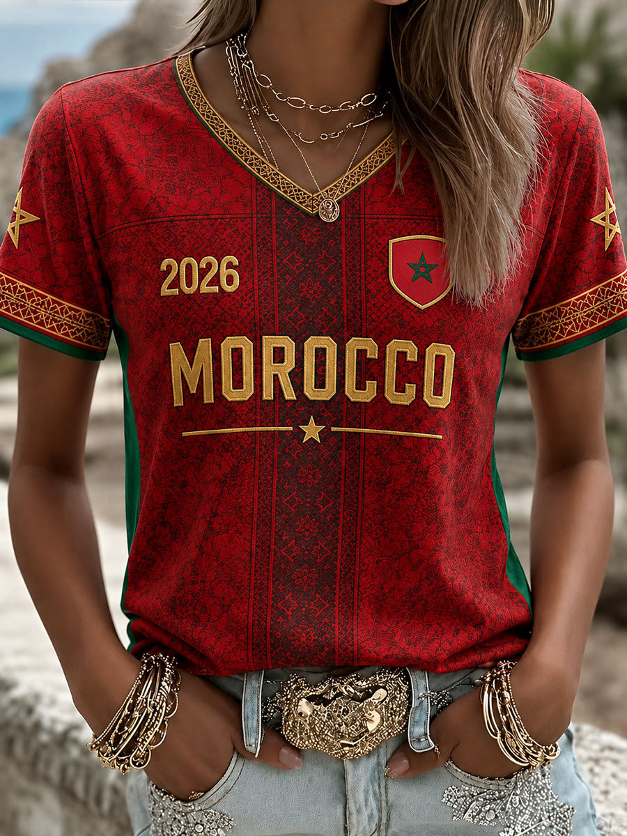 T-shirt décontracté imprimé Maroc Football pour femmes