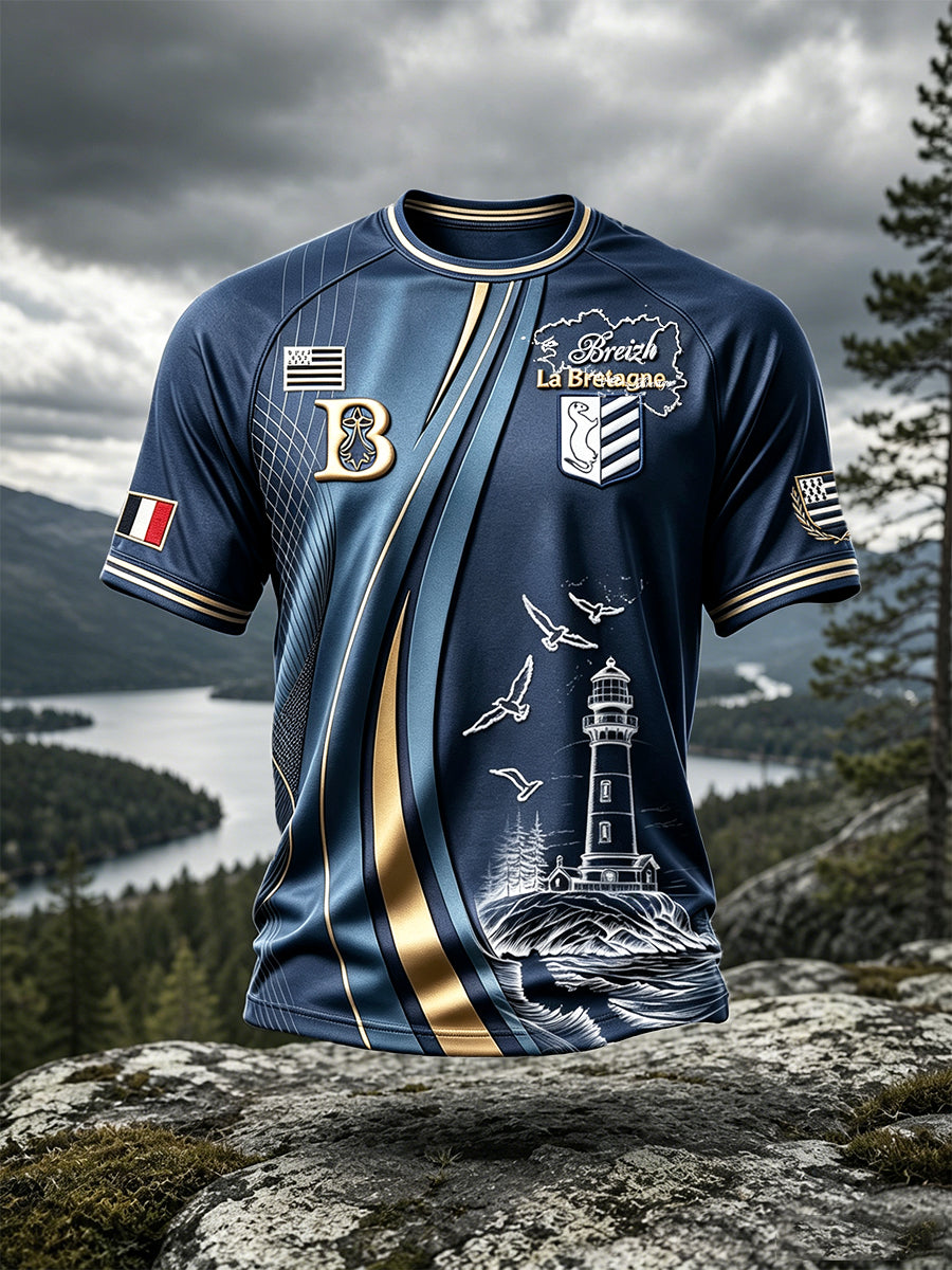 T-shirt décontracté pour homme, imprimé d’un phare breton bleu profond