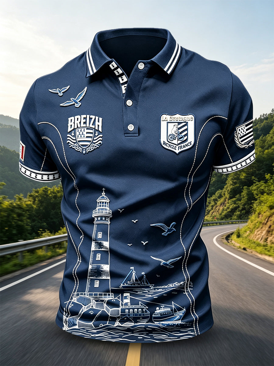 Polo décontracté pour homme, imprimé phare breton bleu marine profond