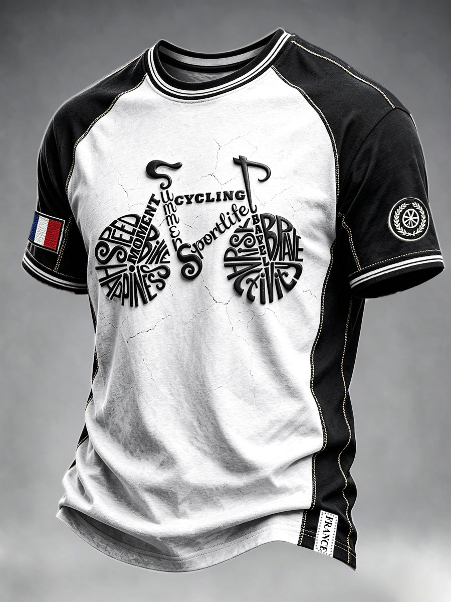 T-shirt Décontracté Homme France 2026 Cyclisme Noir Et Blanc Imprimé Bloc