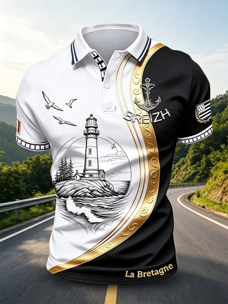 Polo décontracté pour homme à imprimé phare et mouettes de Bretagne, France