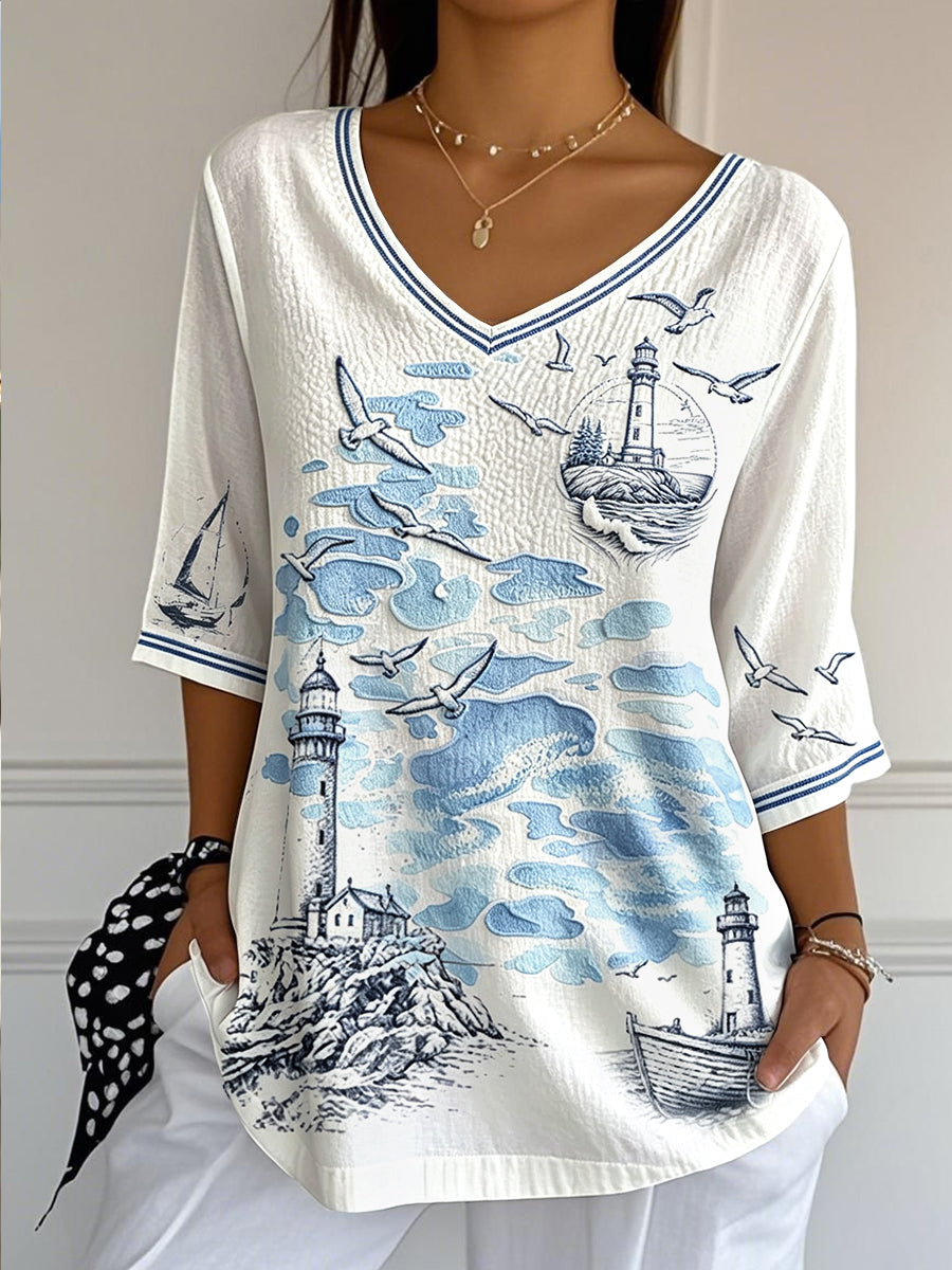 Femmes Français Bretagne Graffiti Imprimer Casual Léger D'été Coton-Lin V-cou T-shirt