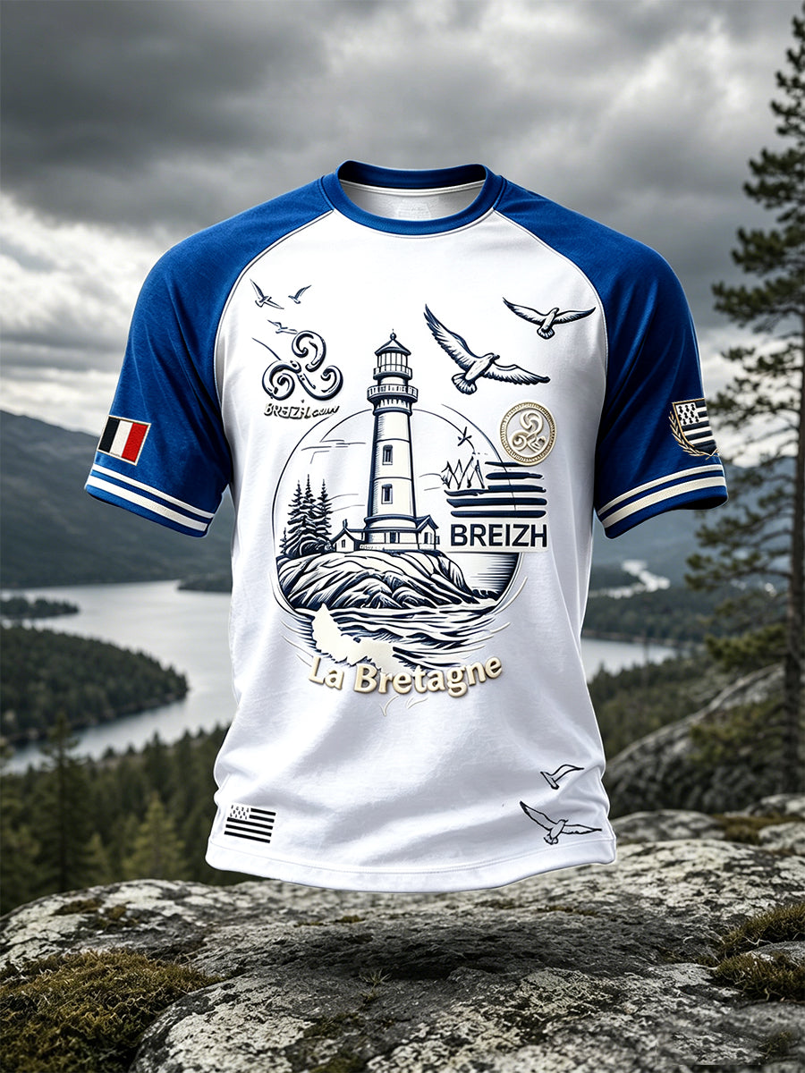 T-shirt décontracté à épaules tombantes pour homme, imprimé patchwork breton français