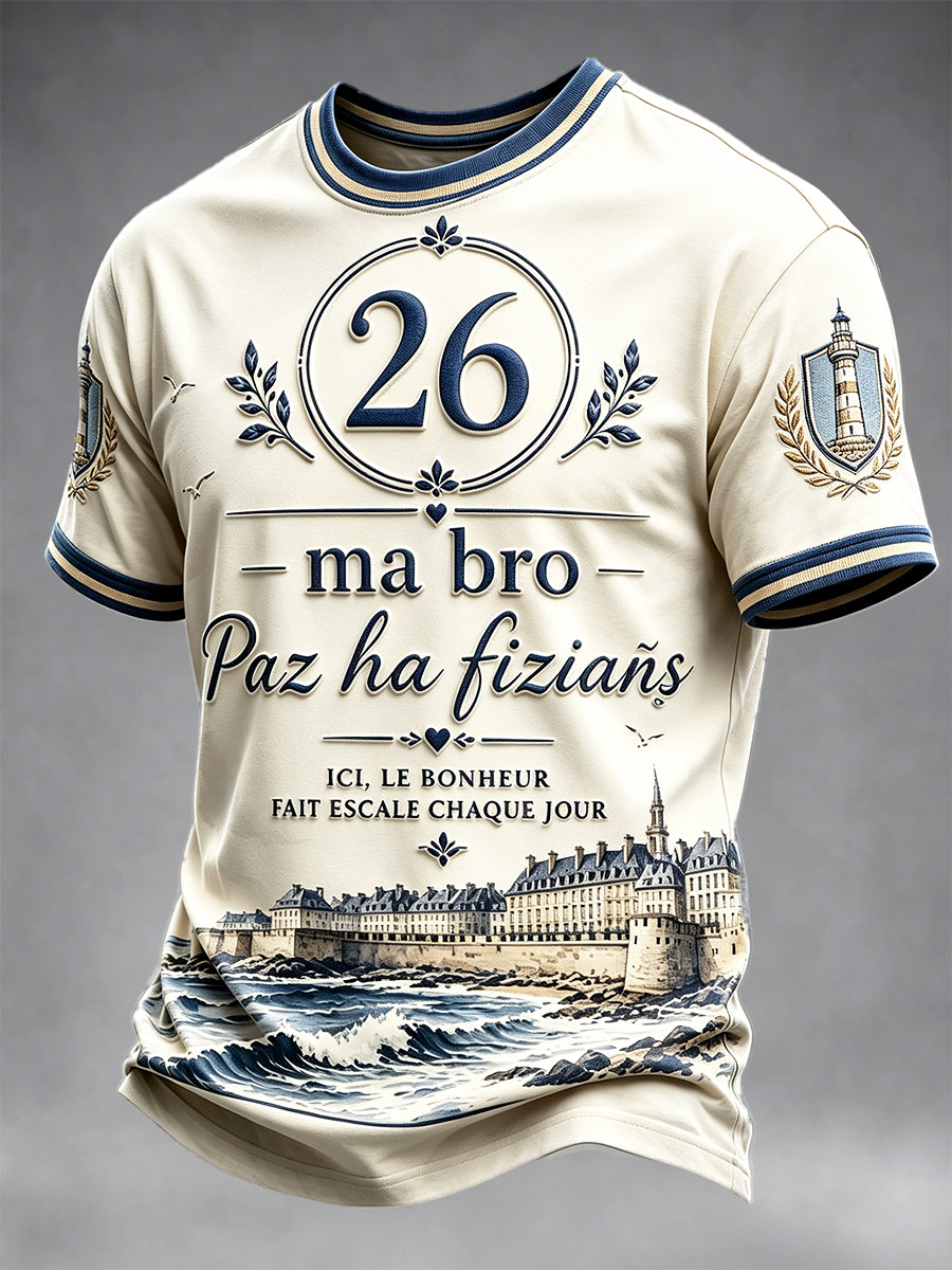 T-shirt décontracté rétro beige à imprimé breton français pour homme, collection 2026