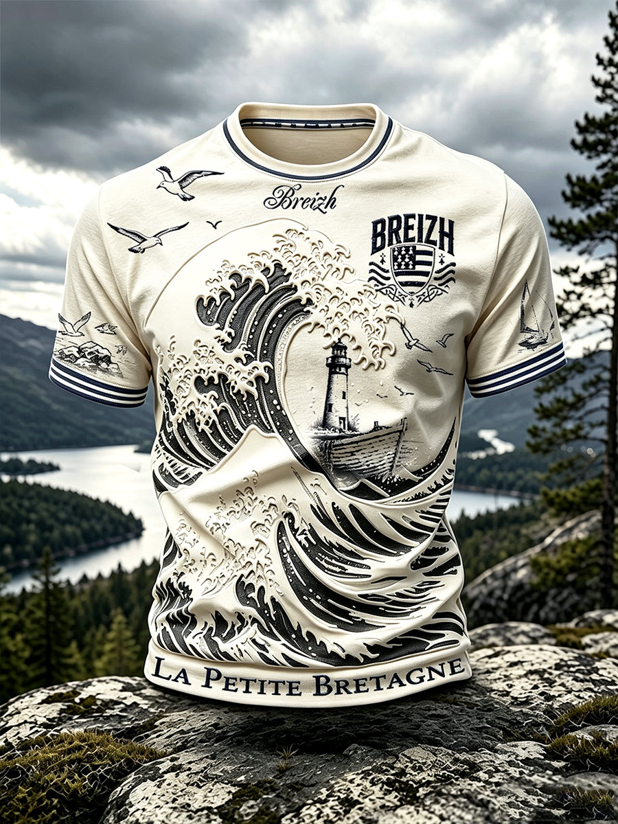 T-shirt décontracté vintage beige pour homme, imprimé Bretagne française