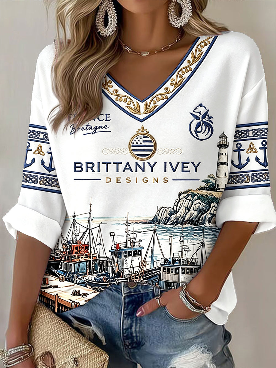 T-shirt Femme Blanc Breton Port Heritage Imprimé Décontracté Col V
