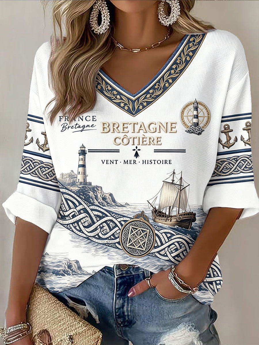 T-shirt Femme Blanc Style Breton Imprimé Décontracté Col V